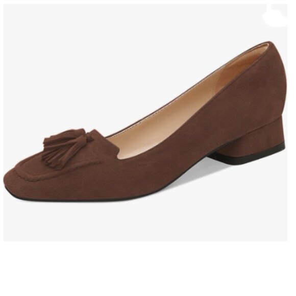 YDN Brown Block Low Heel Loafer Square Toe Tassel Fringe Pump Slip On Dress Shoe - Picture 1 of 8